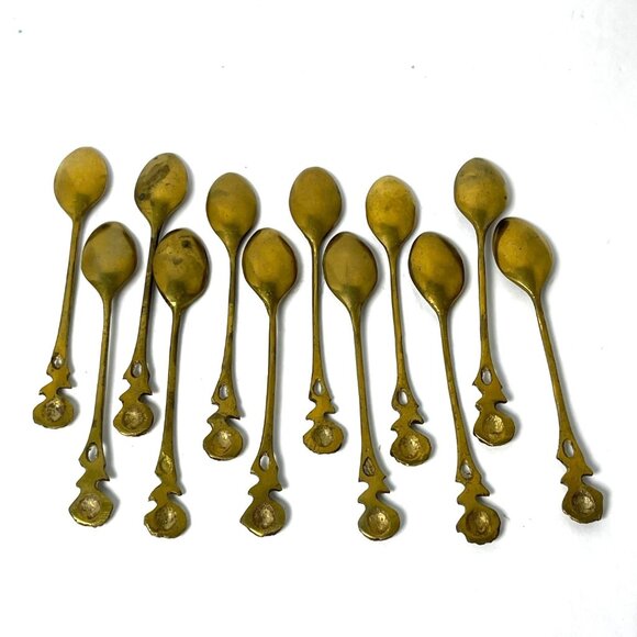 Spoons Gold Tone Brass Coffee Demitasse Tea Lot Rose Handles Set of 12 Vintage - Picture 2 of 10